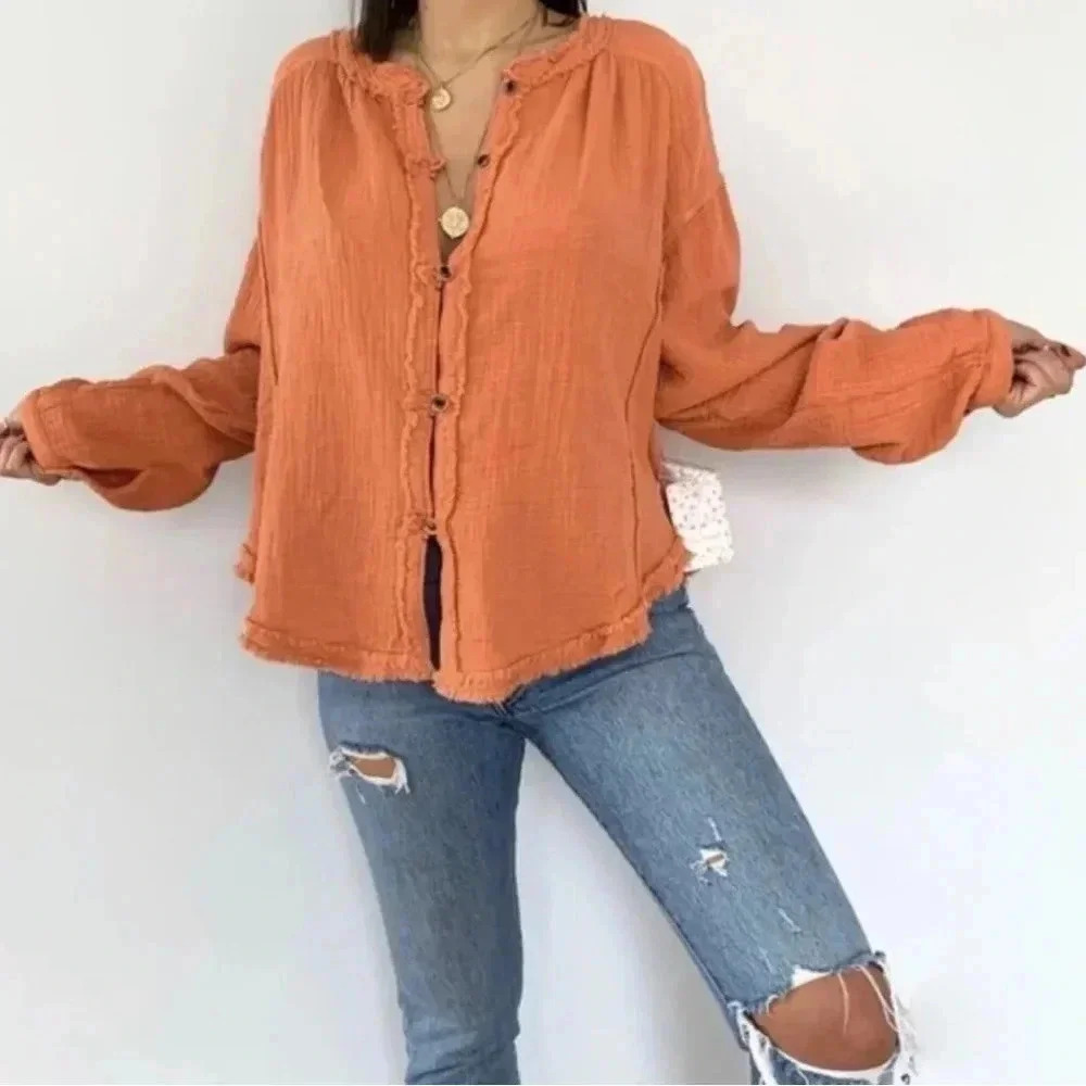 Free People Moving Mountains Oversized Shirt Long Sleeve Raw Hem Size S NWT - Picture 9 of 9